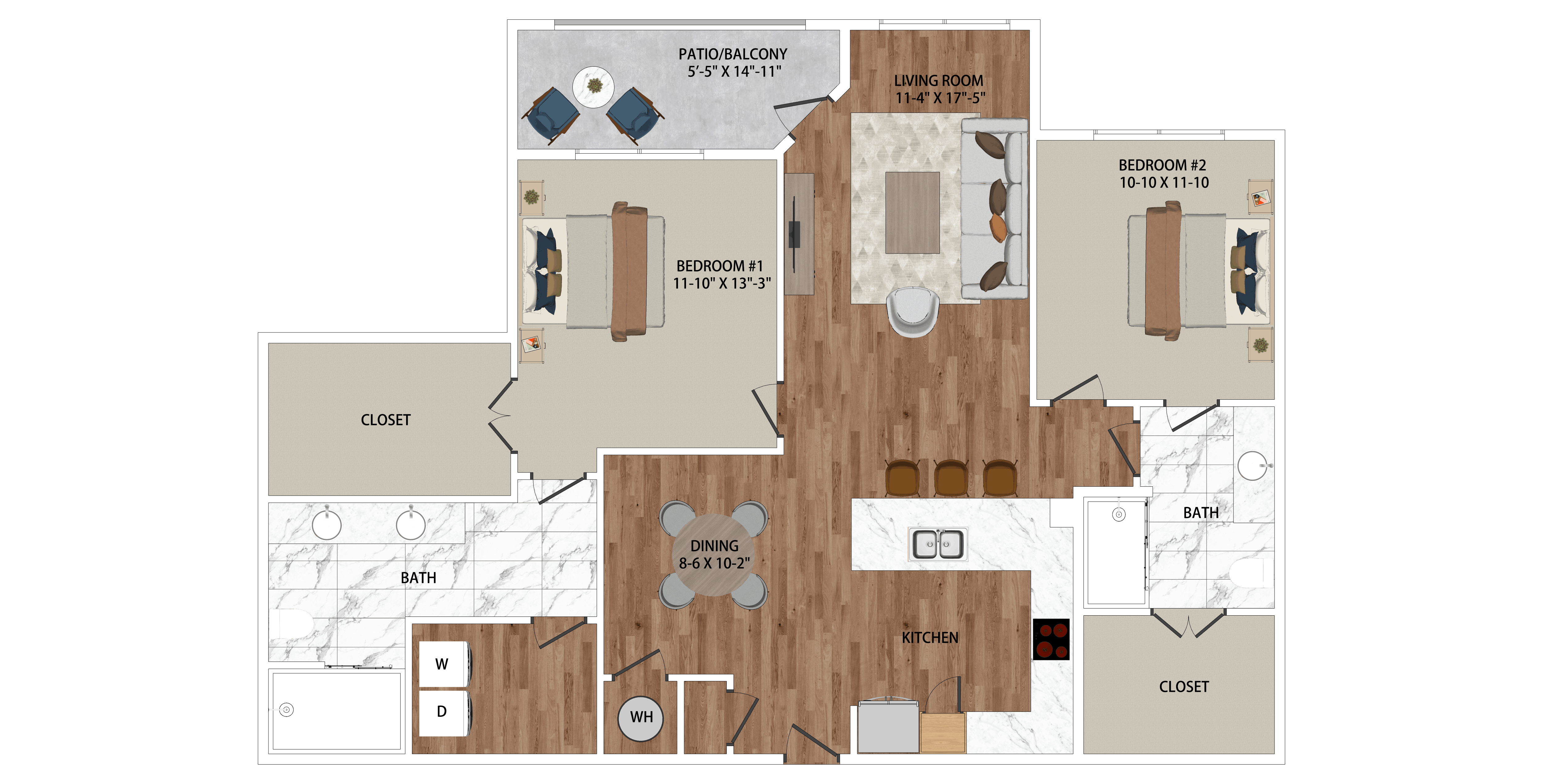 Floor plan for 2 beds, 2 baths, 1326 sqft